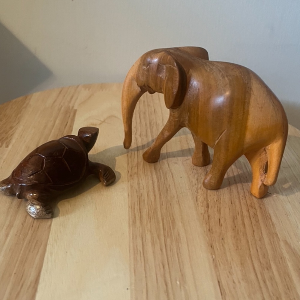 Set of two vintage hand carved elephant and turtle statues decor EUC